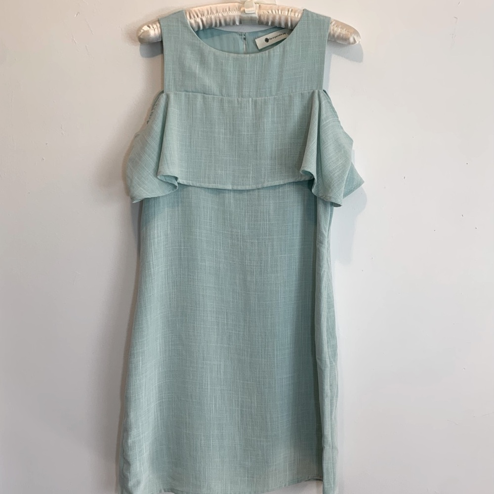 Impeccable Pig Linen Blend Cold Shoulder Ruffle Blue Mini Dress